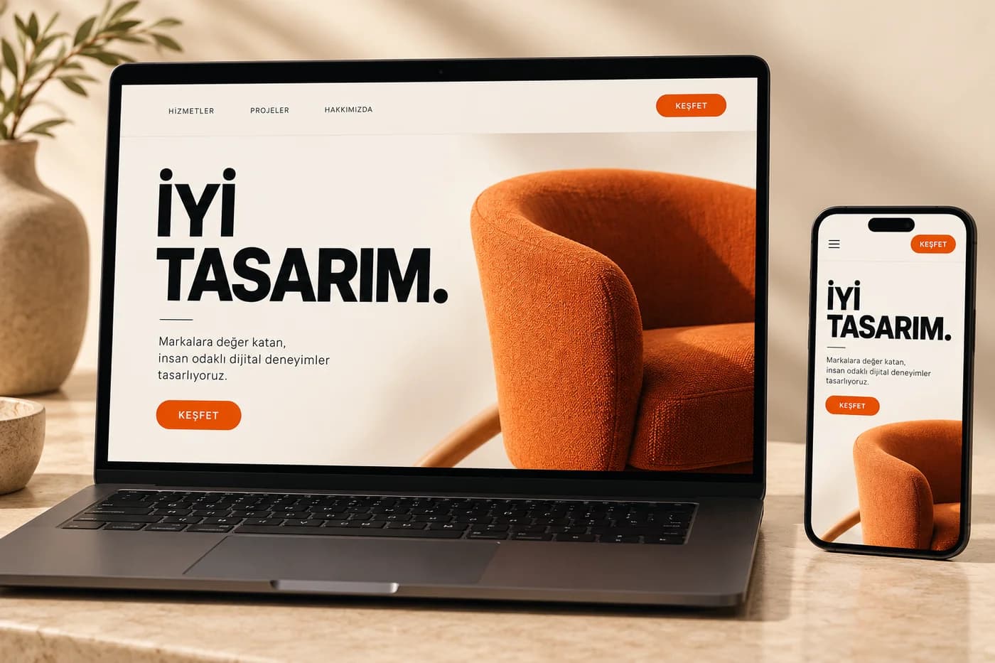 Masaüstü ve mobil ekranda aynı web sitesinin duyarlı arayüz tasarımı.